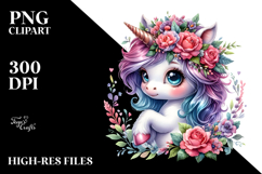 Baby Unicorn Playing with Floral Wreath PNG Product Image 2
