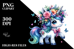 Baby Unicorn Playing with Floral Wreath PNG Product Image 2