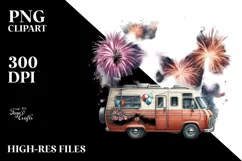 Watercolor Vintage RV with Fireworks | Clipart Product Image 3