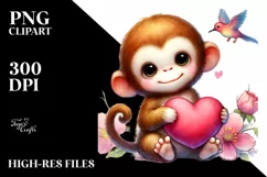 Colorful Baby Monkey Holding Heart PNG Product Image 2