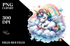 Napping Baby Unicorn on Cloud, Watercolor PNG Product Image 3