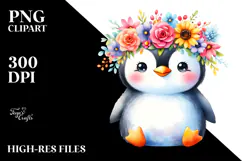 Cartoon-Style Penguin | Colorful Flower Crown Clipart Product Image 2