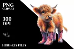 Baby Highland Cow in Line Dancer's Boots, Watercolor PNG Product Image 3