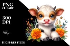 Cute Baby Highland Cow with Marigold PNG Product Image 2