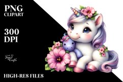Cute Baby Unicorn with Petunia | Watercolor Product Image 3
