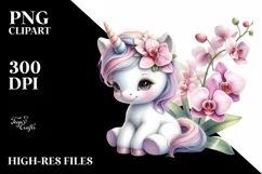 Cute Baby Unicorn with Orchid | Watercolor Product Image 1