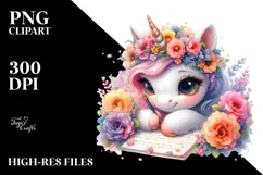 Cute Baby Unicorn Writing | Watercolor Clipart Product Image 2