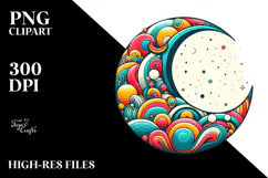 Retro Half Moon with Vibrant Stars and Sunflowers PNG Product Image 2