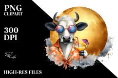 Funky Cow in Beachwear Drinking Cocktail, Watercolor PNG Product Image 2