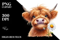 Cow Watercolor Highland Cow Portrait with a Daisy Product Image 1