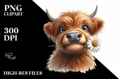 Cow Watercolor Highland Cow Portrait with a Daisy Product Image 1