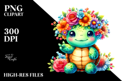 Vibrant Flower Crown Cartoon Turtle | Sublimation | Clipart Product Image 2