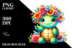 Vibrant Flower Crown Cartoon Turtle | Sublimation | Clipart Product Image 2