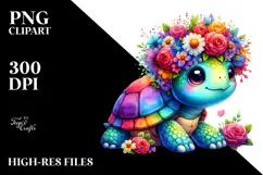 Cute Cartoon-Style Turtle Flowers | Watercolor Clipart Product Image 2