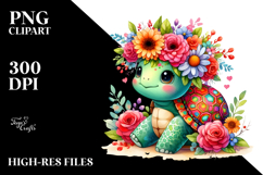 Cute Cartoon-Style Turtle Flowers | Watercolor Clipart Product Image 2