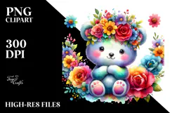 Cute Cartoon-Style Bear Flower Crown | Watercolor Clipart Product Image 2