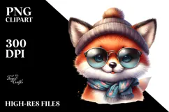 Cute Baby Fox with Hat and Sunglasses Watercolor PNG Product Image 2