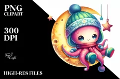 Retro Baby Octopus in Winter Clothes PNG Product Image 1