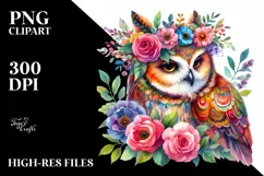 Vibrant Owl with Floral Wreath PNG Product Image 1