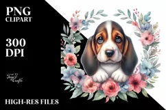 Standing Basset Hound Floral Frame Clipart Product Image 1