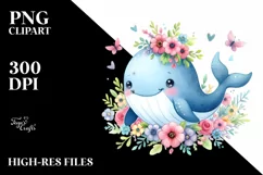 Whimsical Flowers, Cute Baby Whale | Sublimation | Clipart Product Image 3