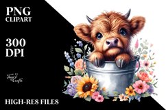 Cute Baby Highland Cow Surrounded by Flowers PNG Product Image 3