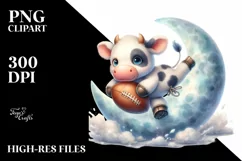 Cute Baby Cow Playing Rugby on Moon | Clipart Product Image 3