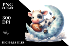 Cute Baby Cow Playing Rugby on Moon | Clipart Product Image 2