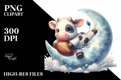 Watercolor Baby Cow Playing Rugby on Moon Product Image 1