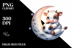 Cute Baby Cow Playing Rugby on Moon | Clipart Product Image 3