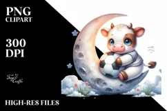 Watercolor Baby Cow Playing Rugby on Moon Product Image 1