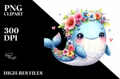 Whimsical Flowers, Cute Baby Whale | Sublimation | Clipart Product Image 1