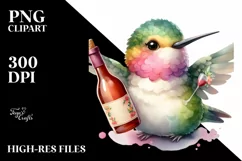 Funny Hummingbird with Wine Watercolor Clipart Product Image 2