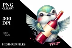 Funny Hummingbird with Wine Watercolor Clipart Product Image 3