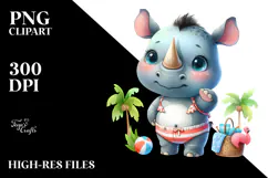 Cute Baby Rhino Dressed for Beach Watercolor Illustration | Product Image 2
