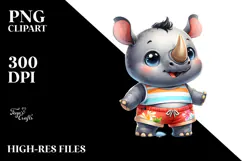 Cute Baby Rhino Dressed for Beach Watercolor Illustration | Product Image 2