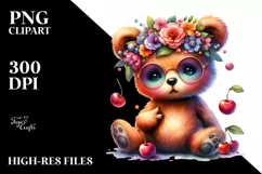sitting Bear with Floral Wreath PNG Product Image 1