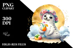 Cute Seal in Beachwear Drinking a Cocktail, PNG Product Image 2