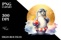 Cute Seal in Beachwear Drinking a Cocktail, PNG Product Image 2
