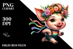 Goofy Pig Running with Floral Wreath PNG Product Image 3