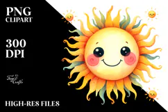Smiling Whimsical Sun Watercolor PNG Product Image 2