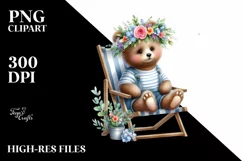 Young Bear with Flower Wreath on Beach Chair | Clipart Product Image 1