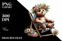 Young Bear with Flower Wreath on Beach Chair | Clipart Product Image 1