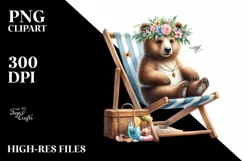 Young Bear with Flower Wreath on Beach Chair | Clipart Product Image 1