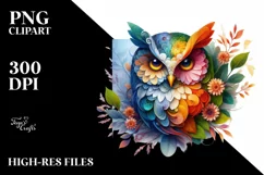 Abstract Vibrant Owl with 3D Looking Flowers PNG Product Image 3