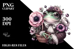 Cute Baby Frog with Anemone Bouquet PNG Product Image 2