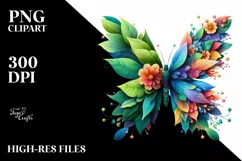 Vibrant Watercolor Butterfly with Plant Leaves and Flowers, Product Image 1