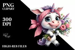 Watercolor Baby Unicorn Standing with Large Flower Bouquet Product Image 1