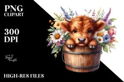 Cute Baby Highland Cow Coming out from a Wood Bucket PNG Product Image 3