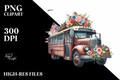 Centered Watercolor Vintage Bus with USA Flag | Clipart Product Image 3